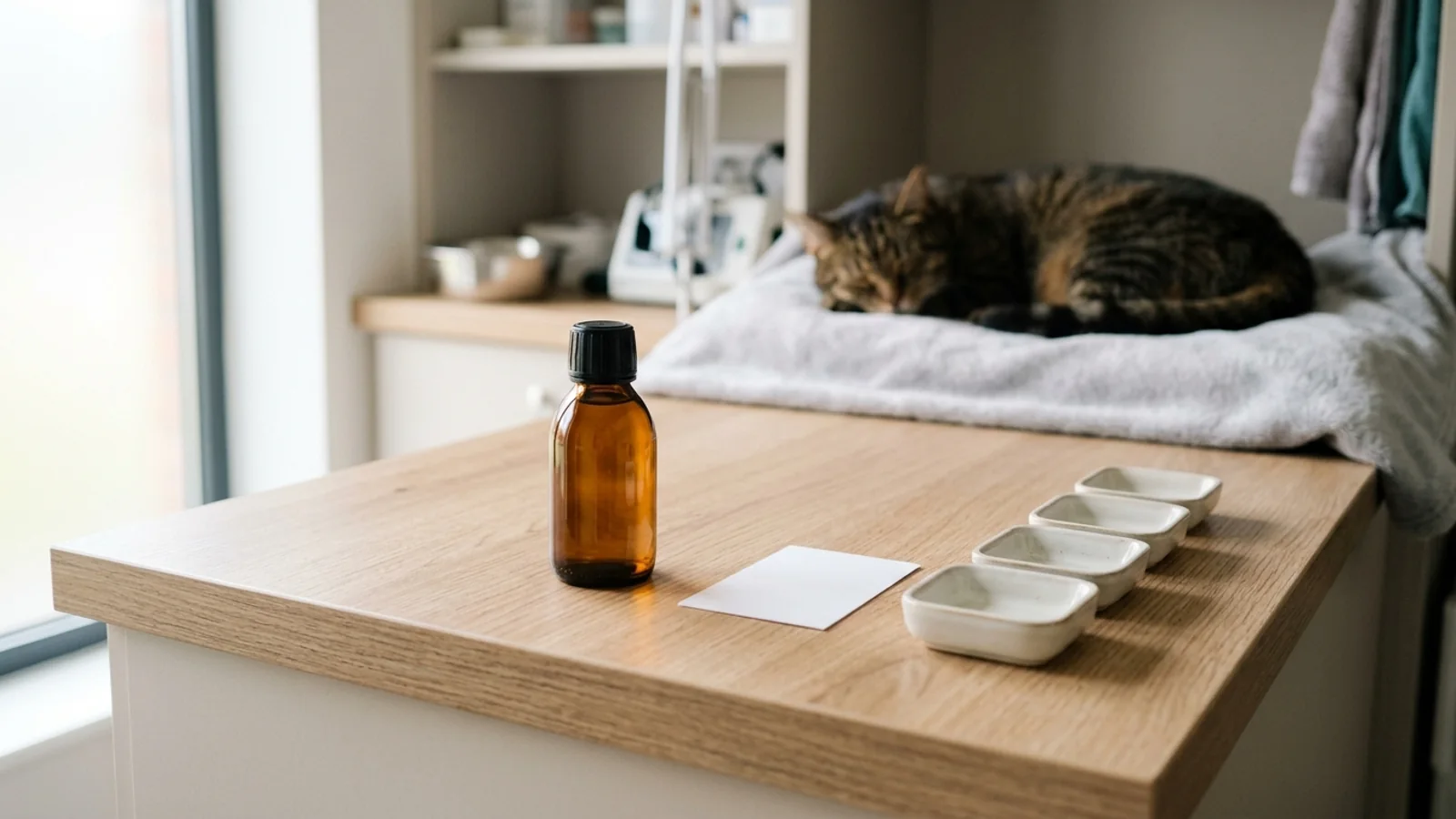 Veterinary consultation bench with an unlabeled amber medicine bottle, blank identity card, four sorting trays, and a resting cat