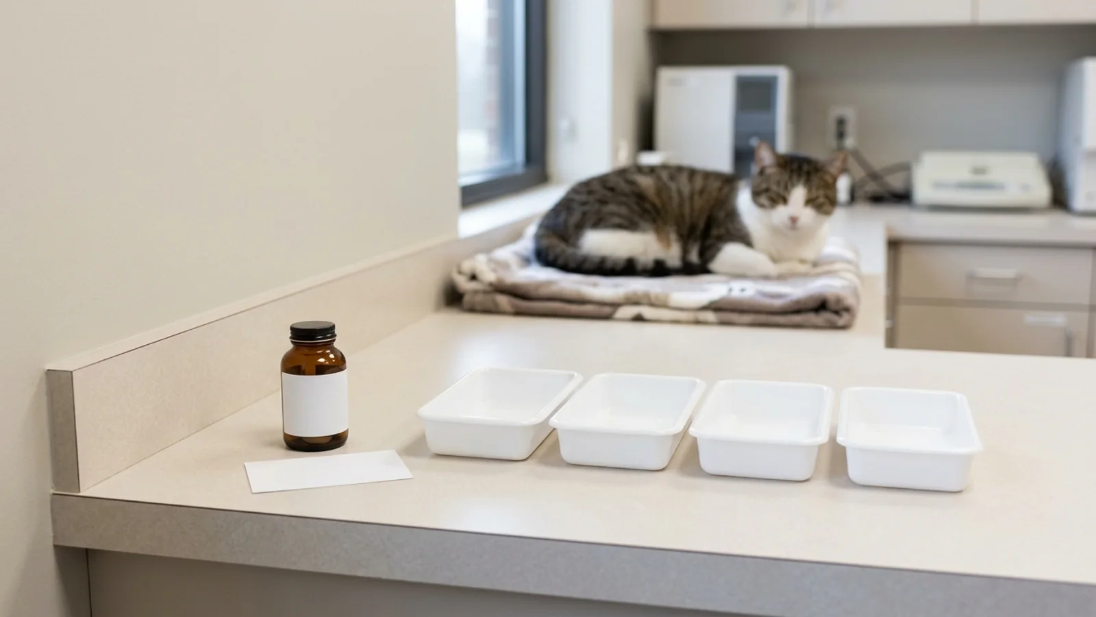 Unlabeled medicine vial, blank verification card, and four sorting trays on a veterinary clinic counter with a resting cat