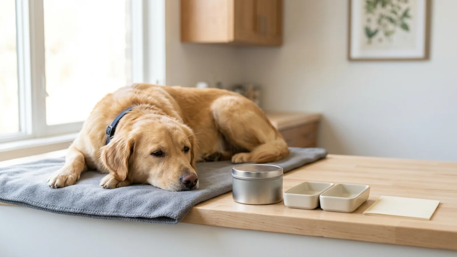 A calm veterinary evaluation bench under soft daylight with a closed unlabeled metal chew tin, empty sorting trays, a blank identity card, and a relaxed dog resting nearby.