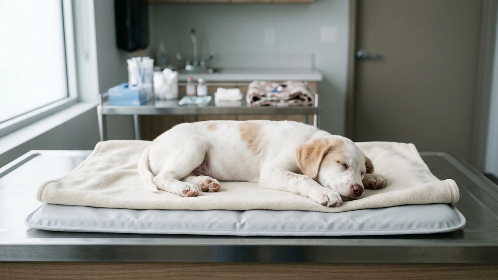 A relaxed white-and-tan puppy sleeping on a padded veterinary exam table in a quiet clinic room