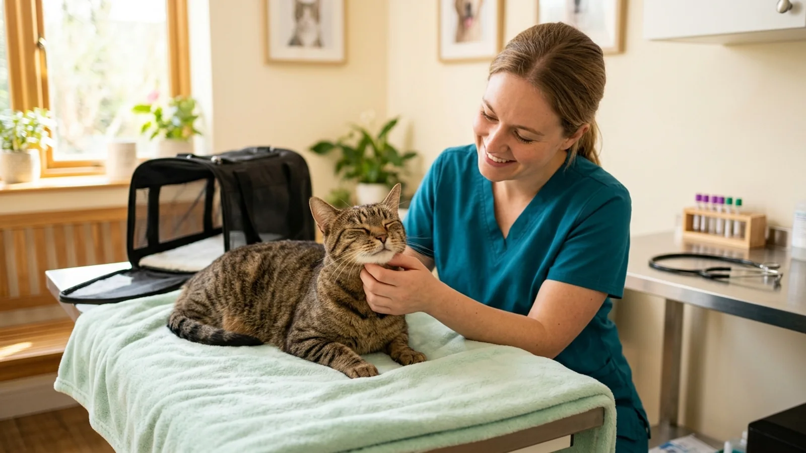A relaxed tabby cat rests on a blanket while a veterinary professional gently supports its chin in a quiet consultation room.