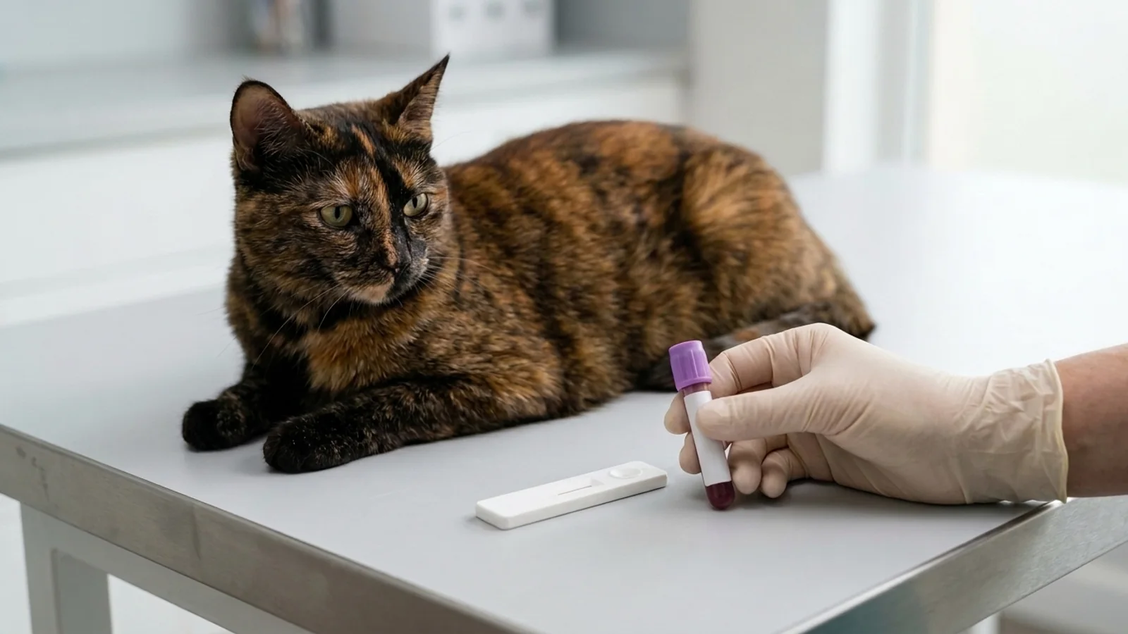 A tortoiseshell cat rests on a veterinary exam table beside a gloved hand holding a purple-top blood tube and a white test cassette.