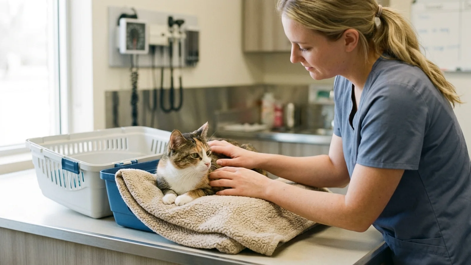 Tabby-and-white cat resting on a towel in the base of an open carrier while a veterinary professional gently touches its back.