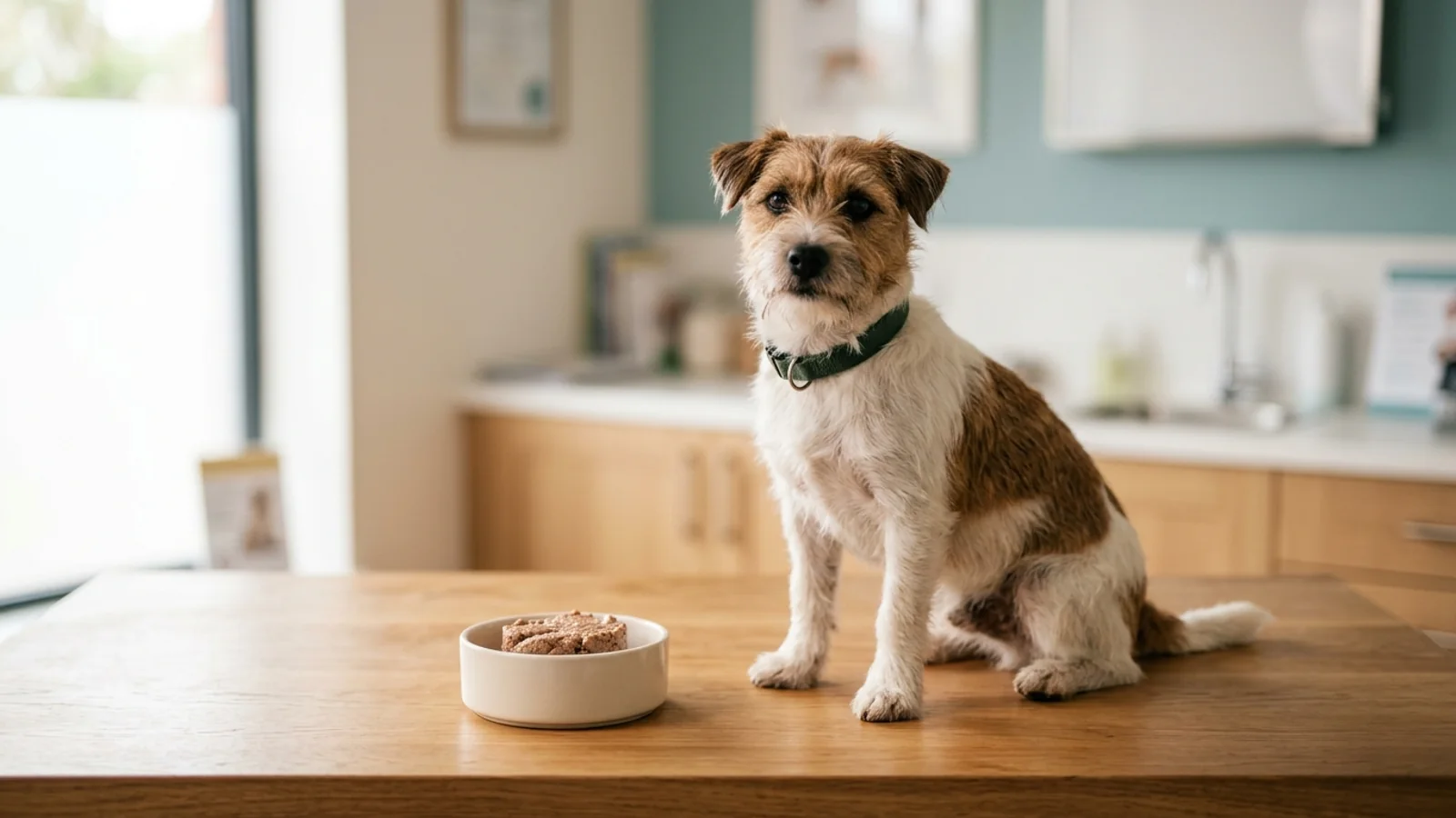 A small companion dog sitting calmly on a veterinary consultation table next to a portioned canned meal bowl in a bright clinic setting