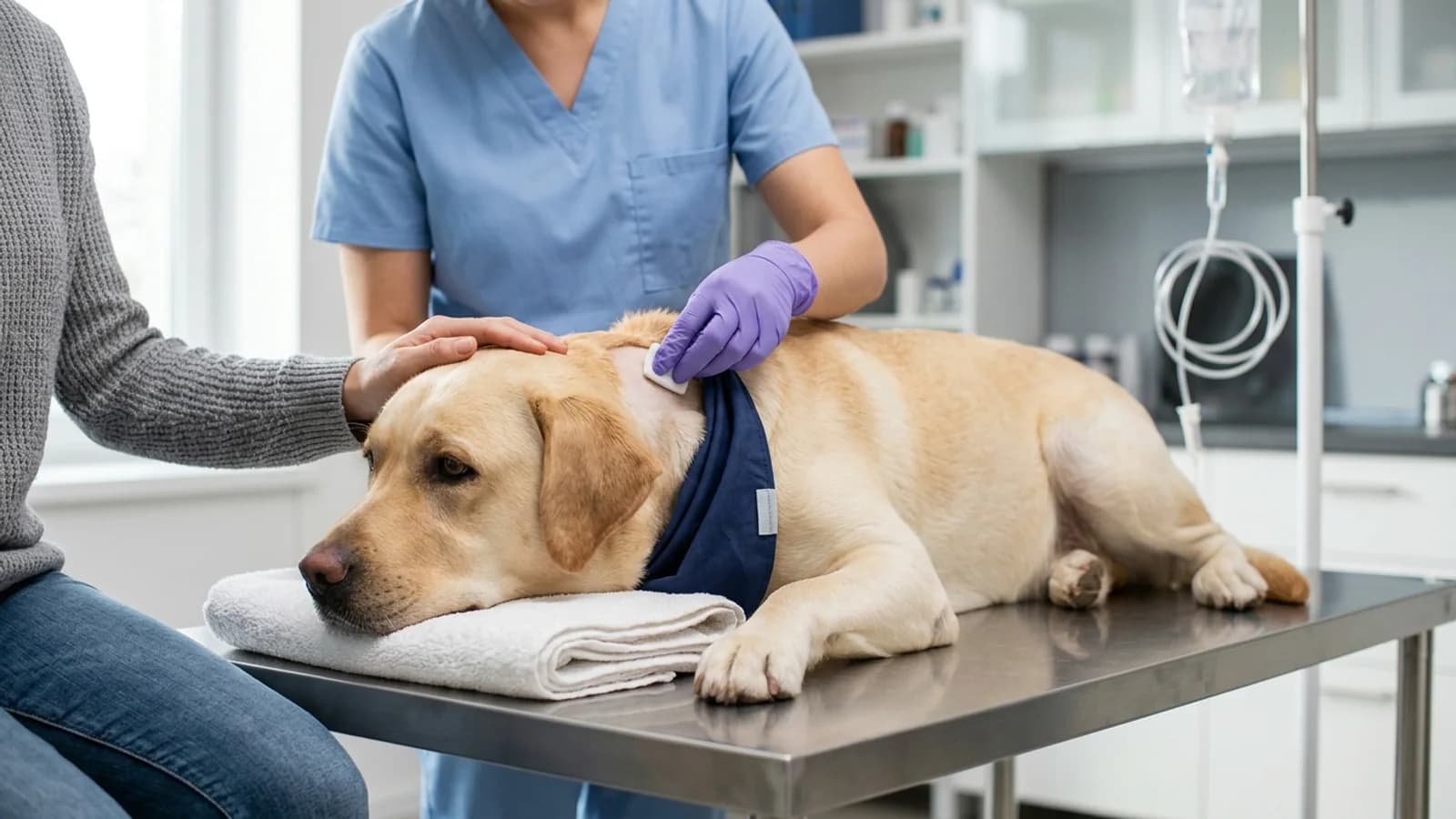 A calm yellow Labrador retriever lying comfortably on an exam table while a veterinary professional preps the clipped jugular area for blood donation