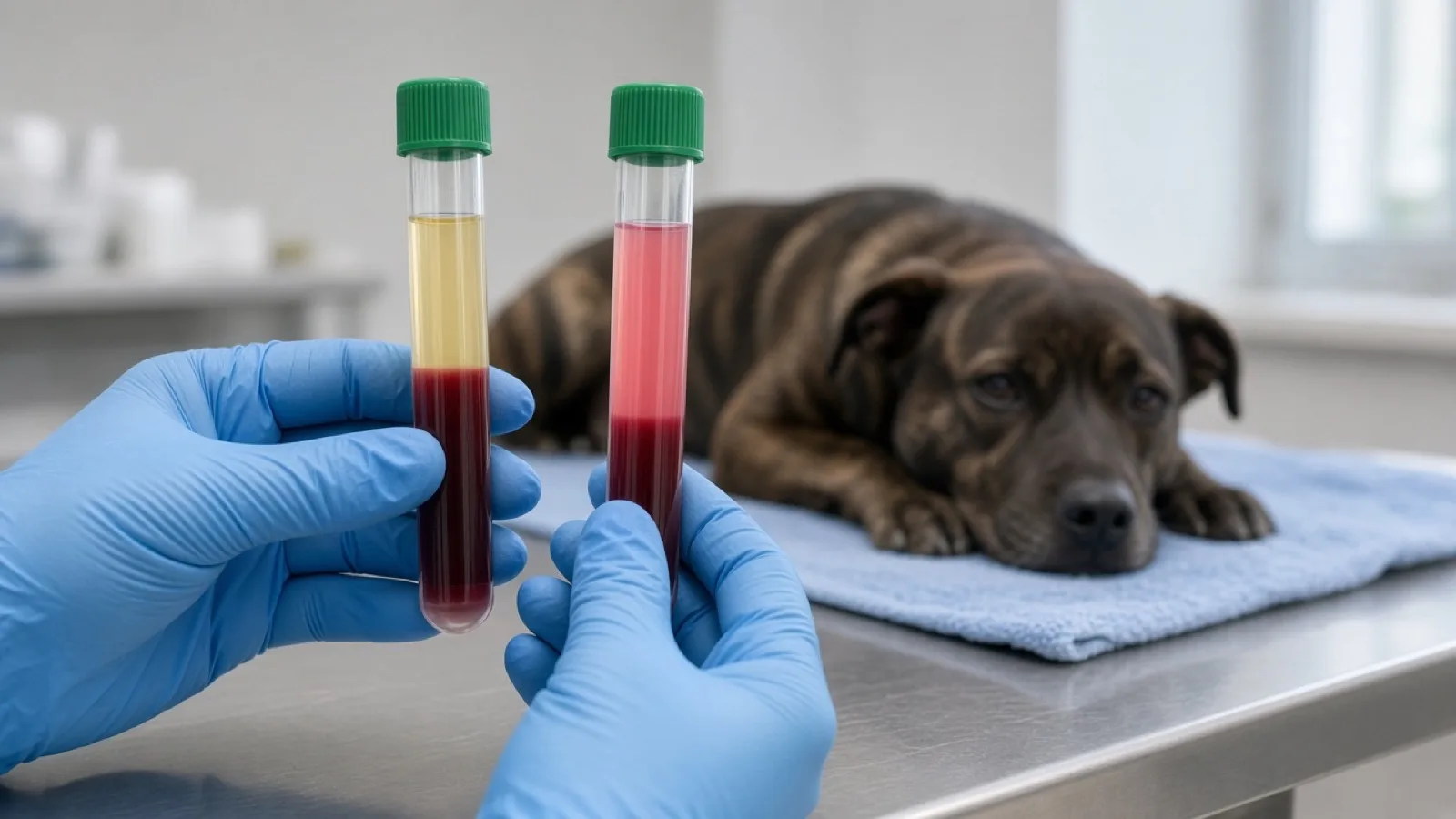 Gloved hands hold two spun blood tubes in a veterinary clinic, one with clear straw-colored serum and one with evenly pink hemolyzed serum, while a calm dog rests on the exam table.
