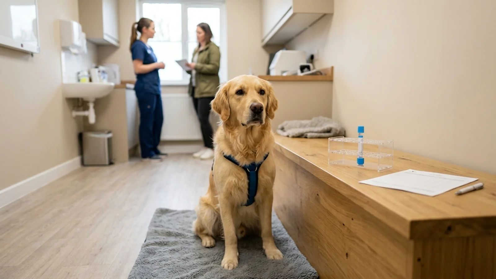 A calm golden retriever sits in a veterinary clinic exam room beside a counter holding a blue-top citrate collection tube in a rack and patient records