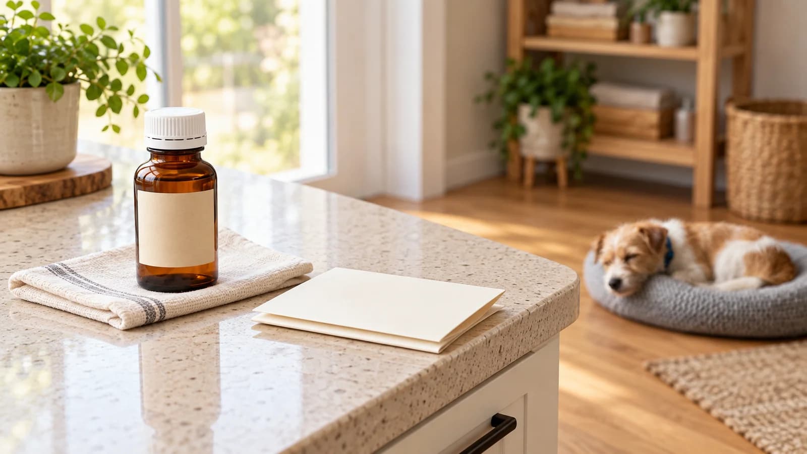 Closed amber medication bottle with a blank label and folded blank card on a raised kitchen counter, with a calm dog resting on the floor in the background