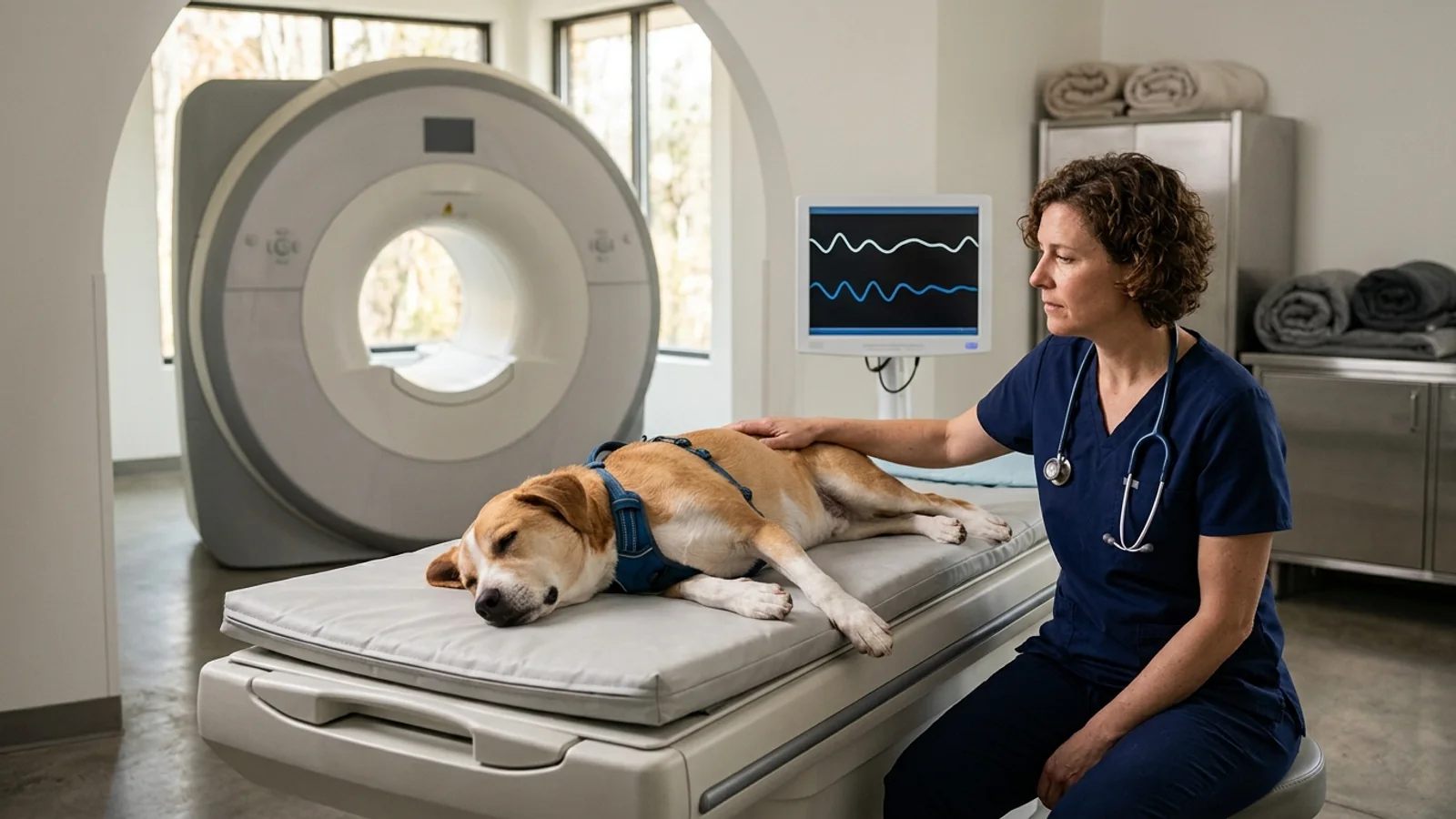 Companion dog resting under calm veterinary monitoring on a padded diagnostic table in a referral imaging suite with a scanner gantry in the background