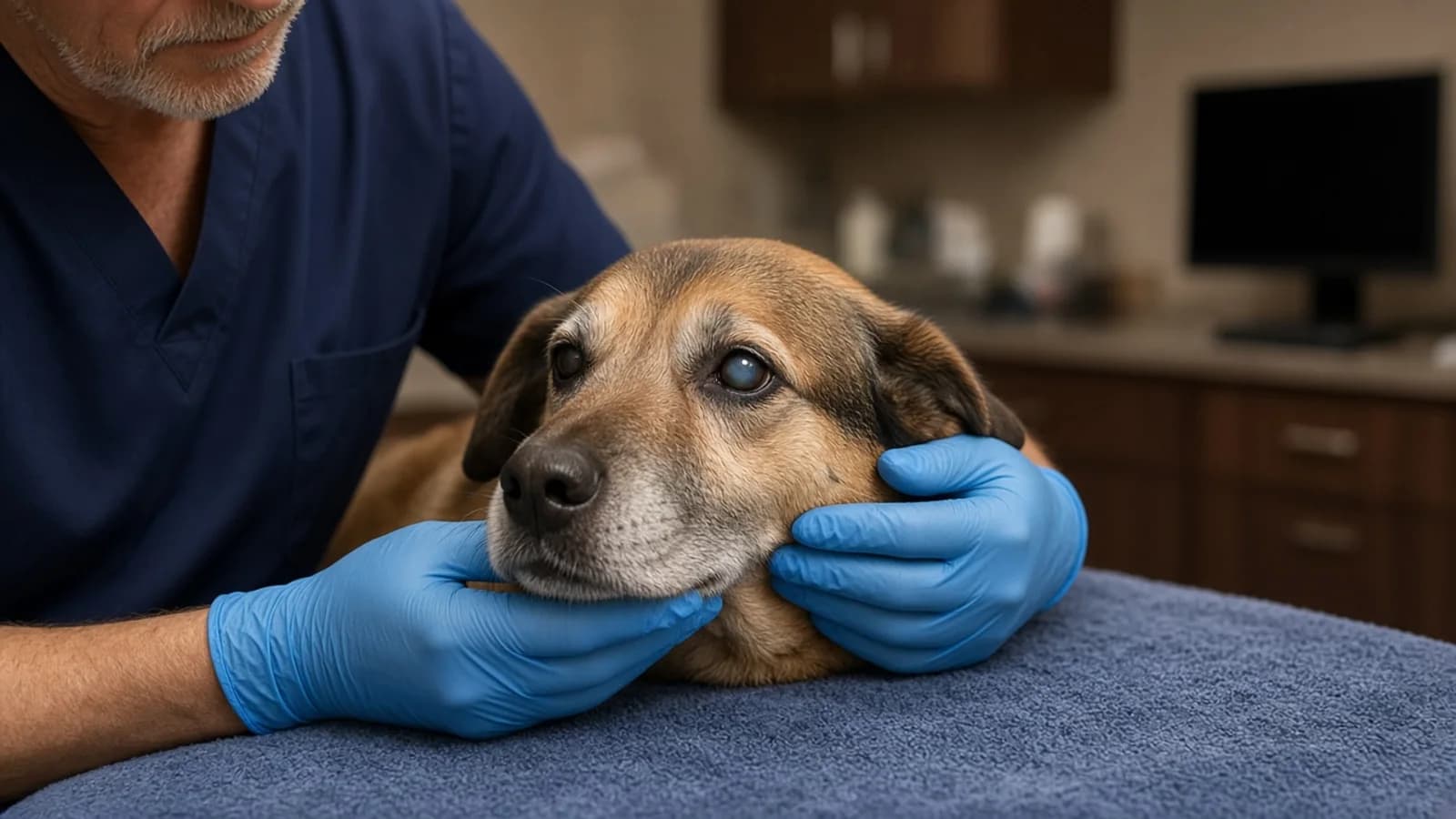 Senior tan-and-gray dog with a bluish-white lens haze resting its chin in a veterinarian's gloved hands on a blue towel in a quiet exam room, with a blank monitor in the background