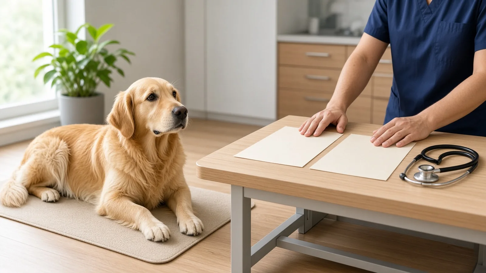 A calm golden retriever lying on a mat in a veterinary exam room while a clinician rests both hands on two blank sheets of paper beside a stethoscope.