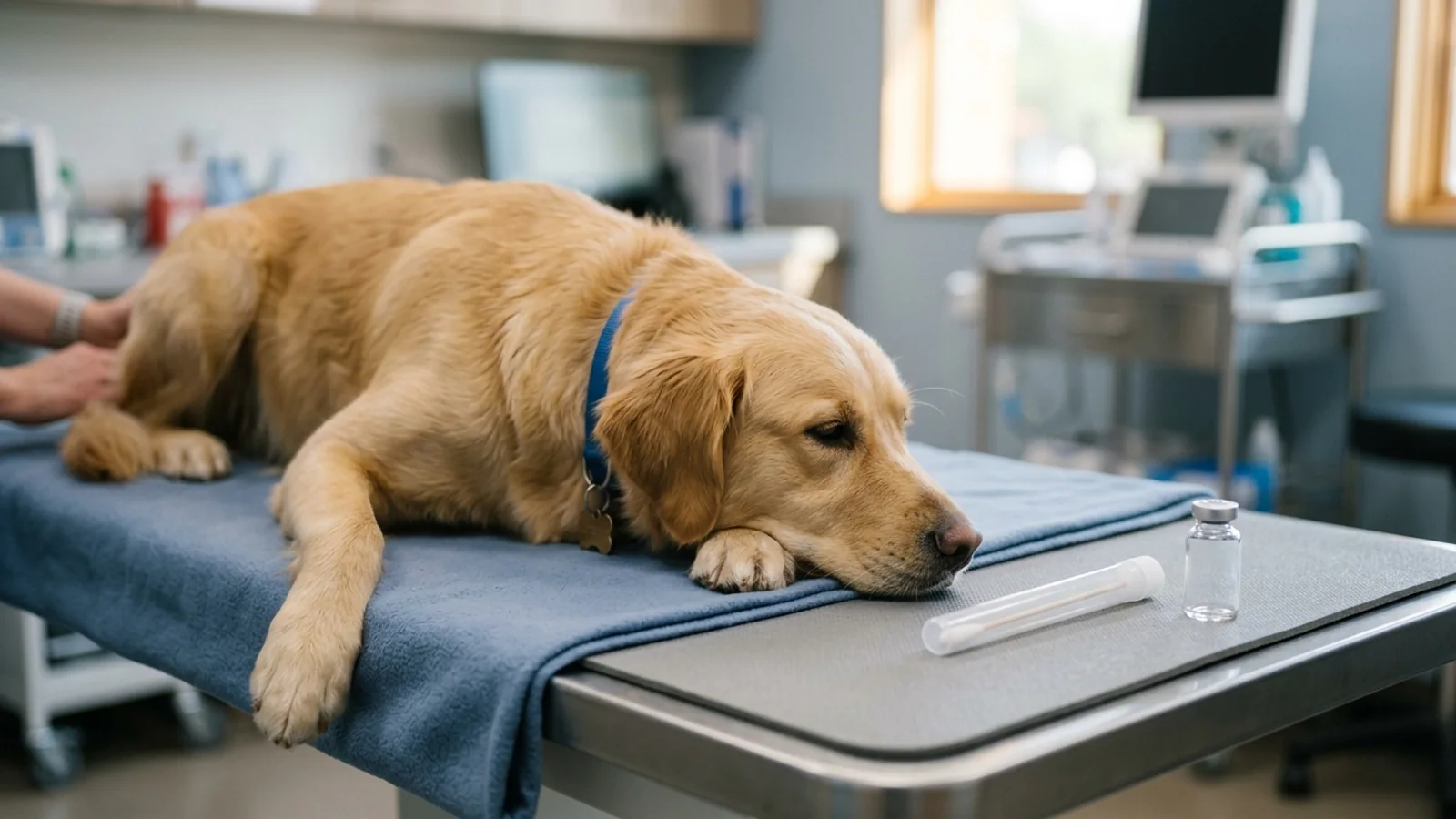 Calm golden retriever resting on a veterinary examination table beside a sterile diagnostic sample swab and an unlabelled vaccine vial