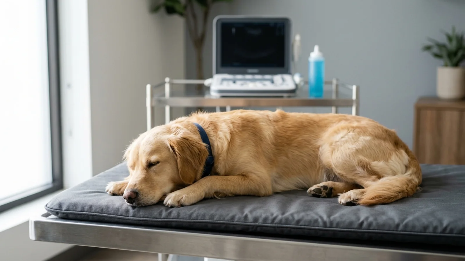 A relaxed golden retriever sleeping on a padded veterinary exam table, with an out-of-focus ultrasound unit on a stand behind it