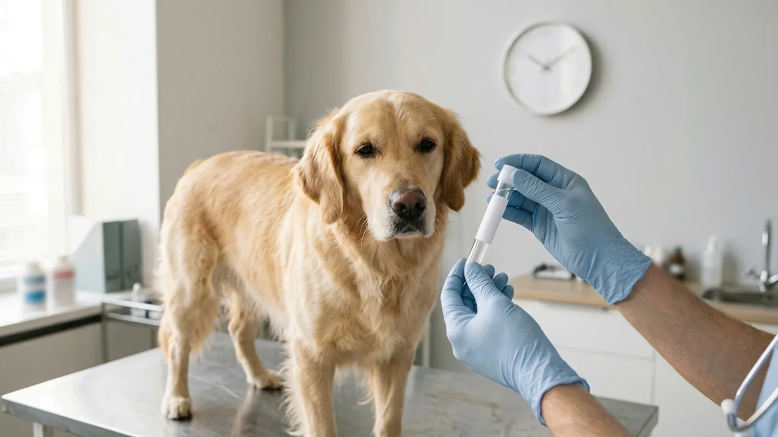 Calm golden retriever on a veterinary exam table beside gloved hands holding a capped sample tube, with a plain wall clock in the background