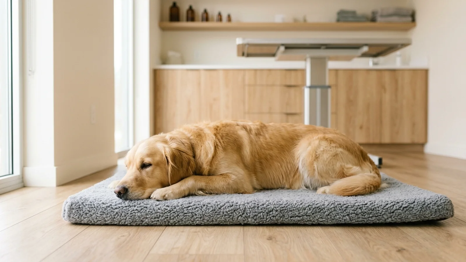 A calm adult golden retriever sleeping on a grey floor mat in a veterinary exam room, with a stainless-steel table and wood cabinets in the background.