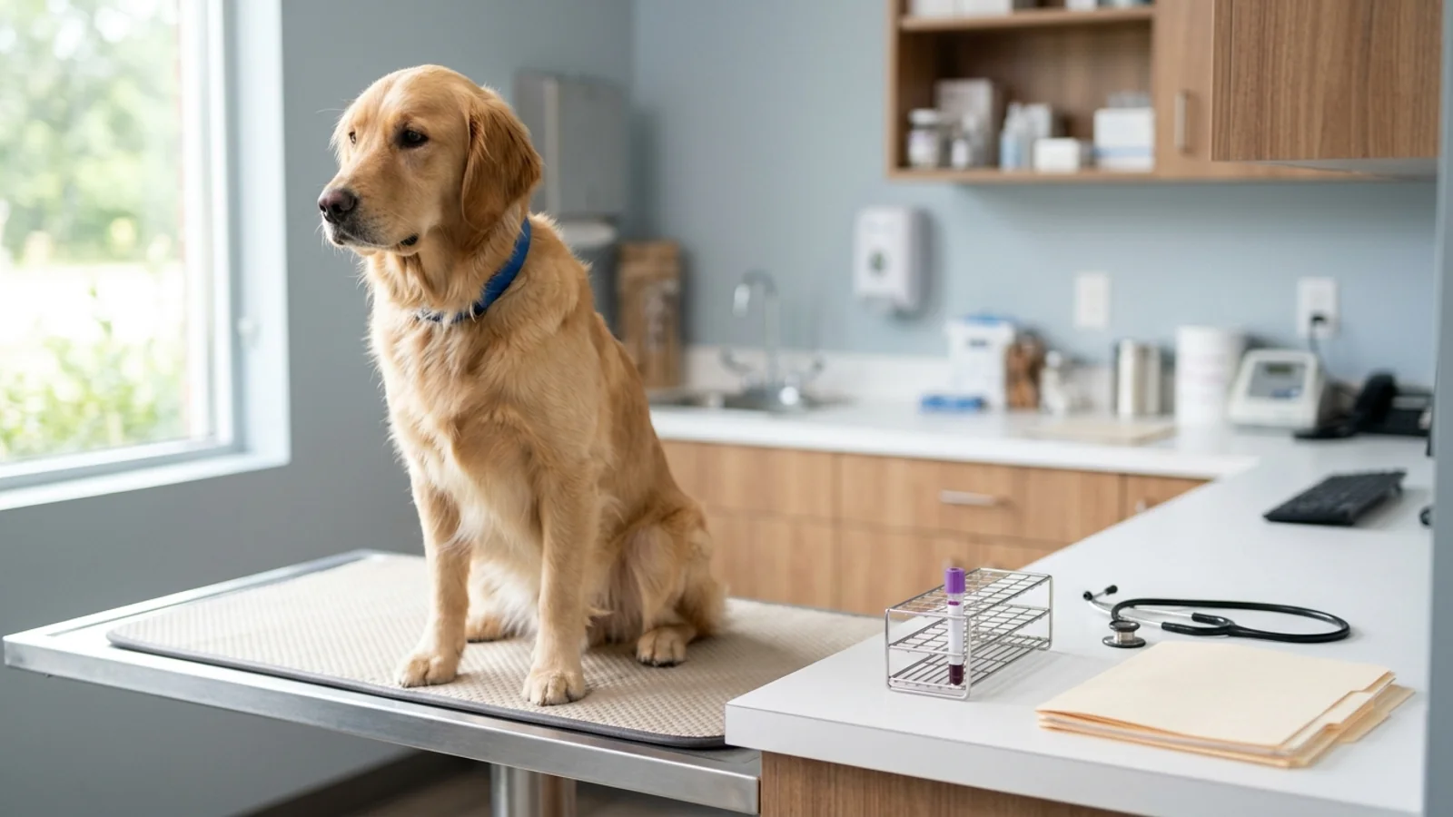 Calm golden retriever seated on a veterinary examination table beside a blood collection tube and medical chart