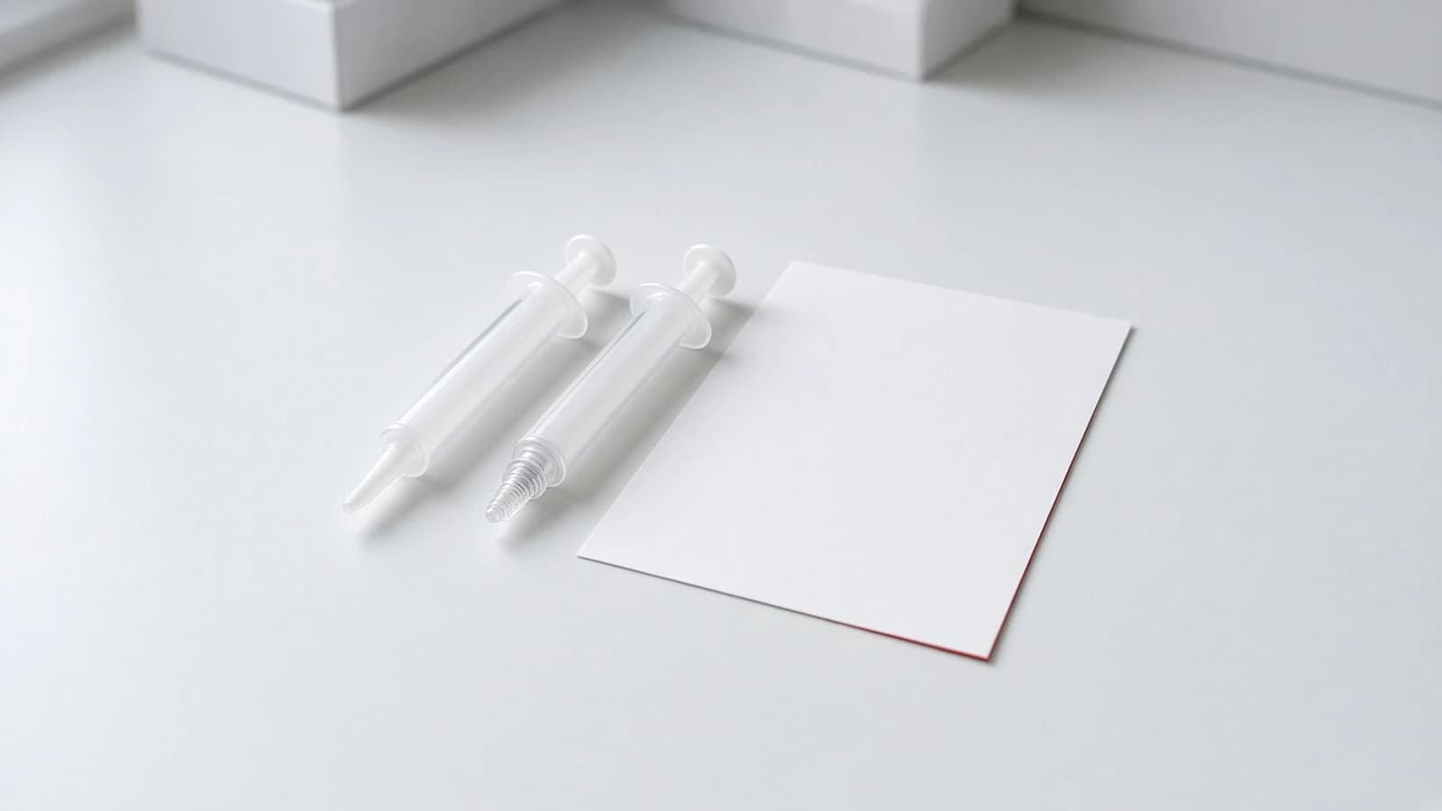 Two unbranded empty hypodermic syringes with different tip styles beside a blank unmarked sheet on a pale veterinary prep counter.