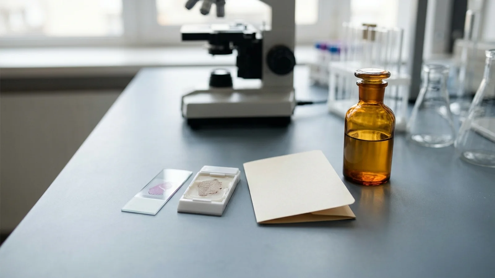 A glass microscope slide and tissue cassette beside a blank folder on a laboratory bench, with a microscope in the background