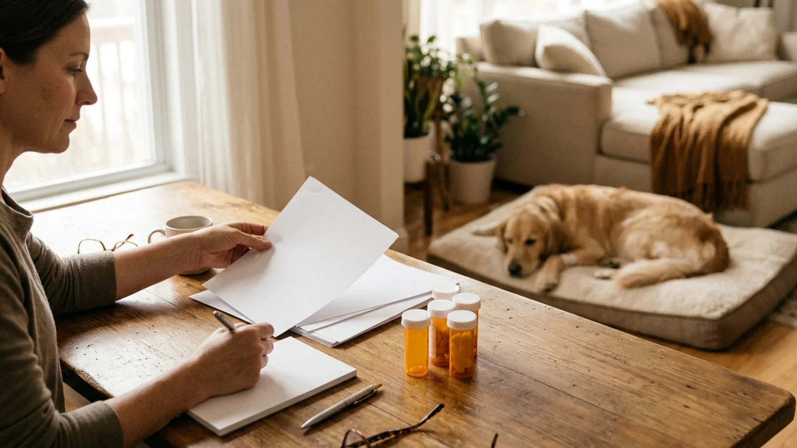 Pet owner at a kitchen table reviewing papers and prescription bottles with a pen, while a dog rests on a bed nearby