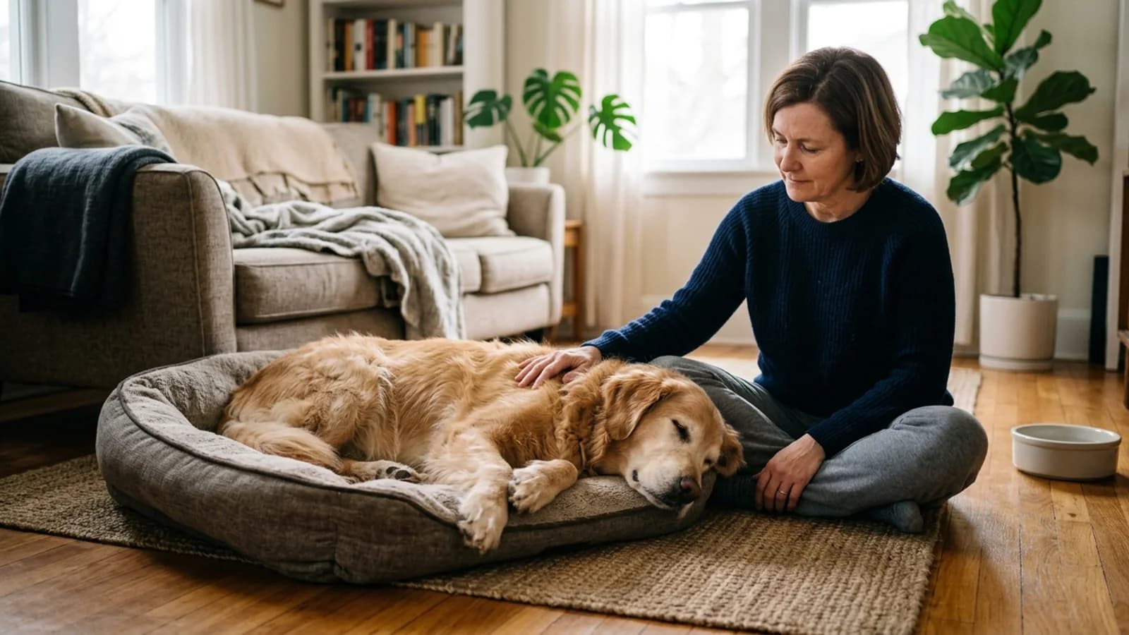 Senior dog resting peacefully on a dog bed at home beside an owner sitting gently on the floor in soft morning light