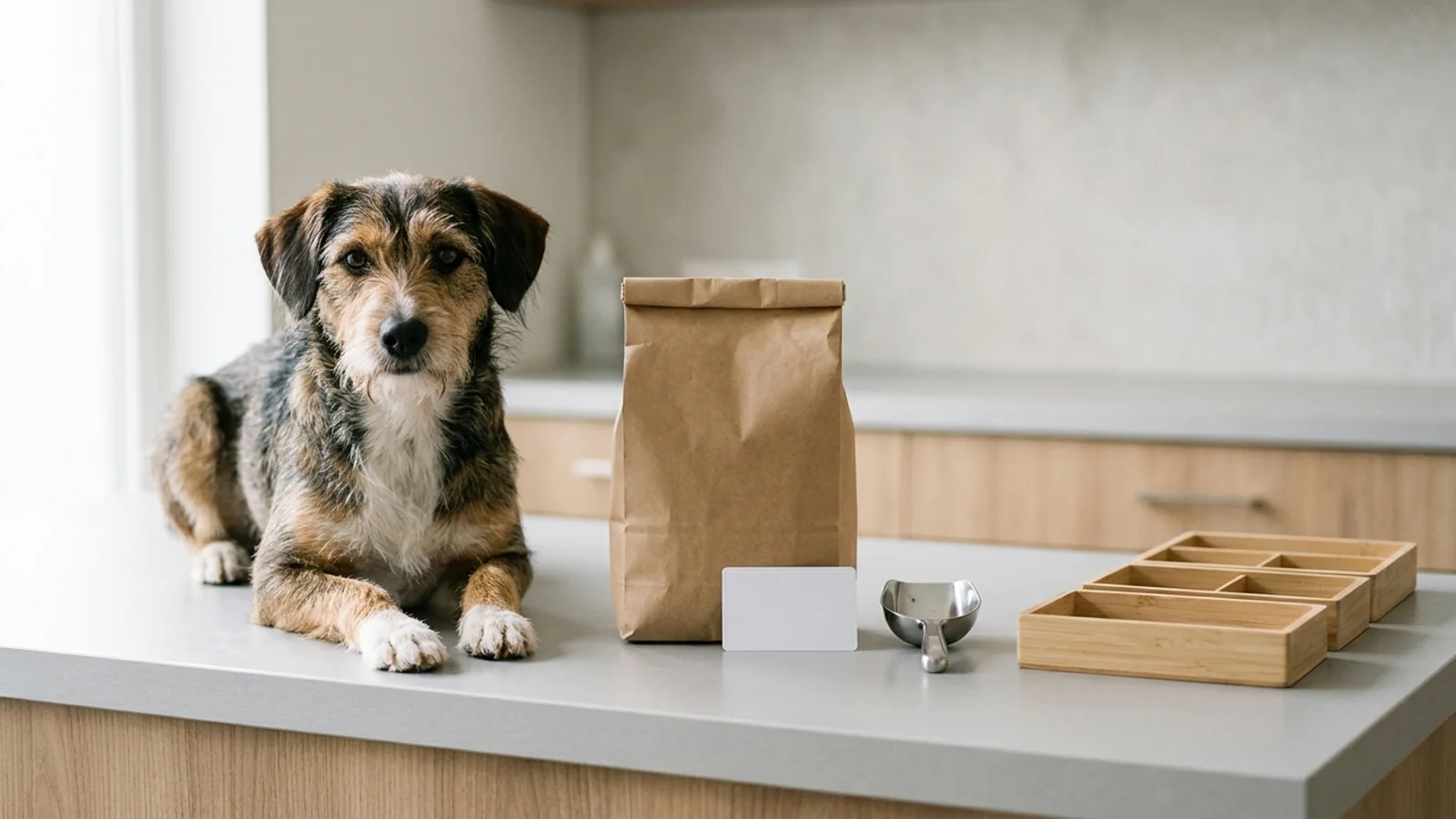 Calm kitchen counter with an unlabeled kraft pet-food bag, a blank identity card, a metal scoop, empty wooden sorting trays, and a relaxed mixed-breed dog
