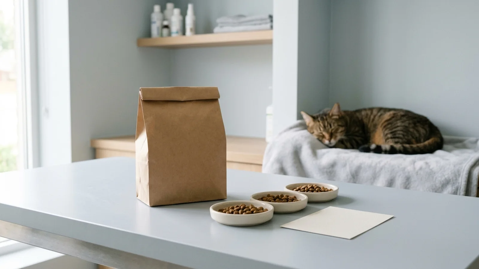 A calm veterinary clinic table with an unlabeled kraft paper kibble bag, a blank card, three small bowls of kibble, and a relaxed sleeping cat on a blanket in the background.