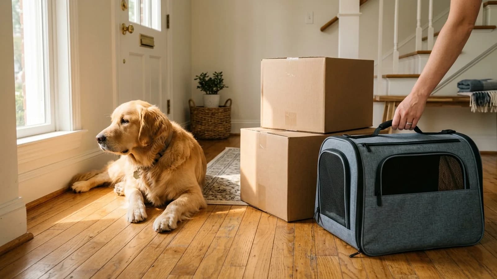 Calm golden retriever resting beside moving boxes and a travel carrier in a sunlit home