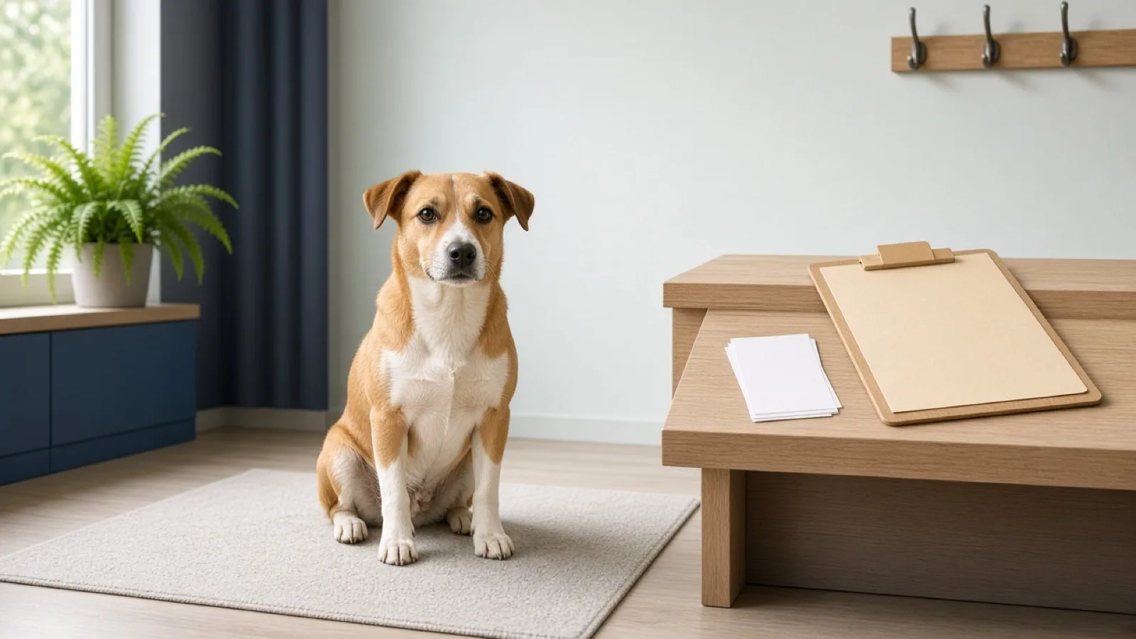 A calm tan-and-white mixed-breed dog sitting on a clinic rug beside a reception desk with a blank clipboard and a small stack of unmarked paper.