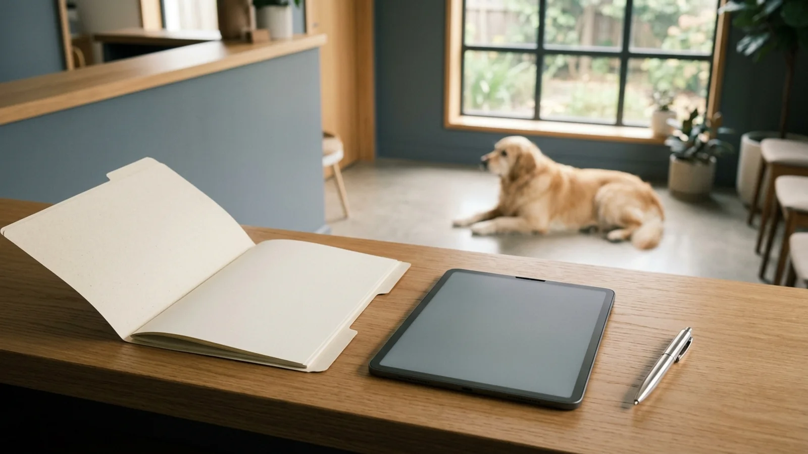 Open paper folder, blank tablet and pen on a veterinary reception counter, with a calm golden retriever resting in the background