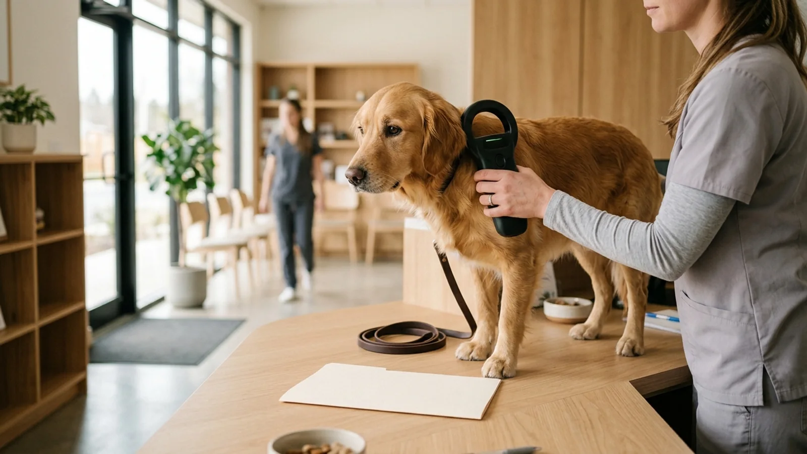 A calm golden retriever beside a veterinary staff member holding a handheld microchip scanner near its shoulder, with a blank folder and leash on the clinic counter.