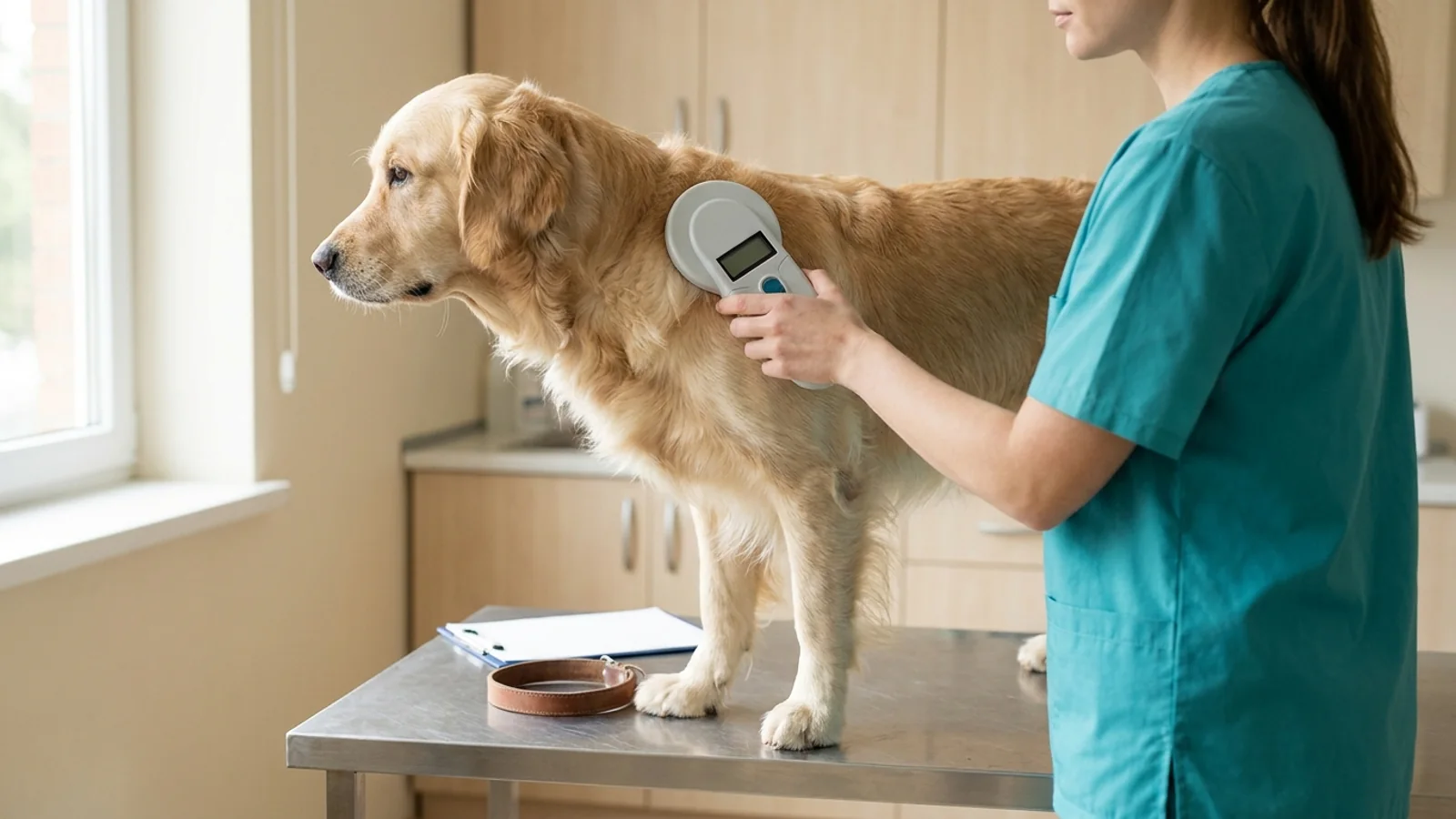 A calm golden retriever stands on a stainless-steel exam table while a veterinary technician in teal scrubs holds a handheld microchip scanner against the fur over its shoulder, with a removed leather collar and a clipboard on the table