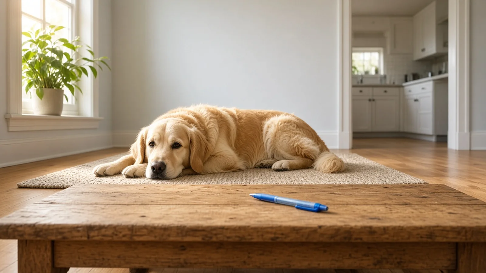 A relaxed golden retriever resting on a kitchen rug beside a wooden table with a blue pen in warm window light
