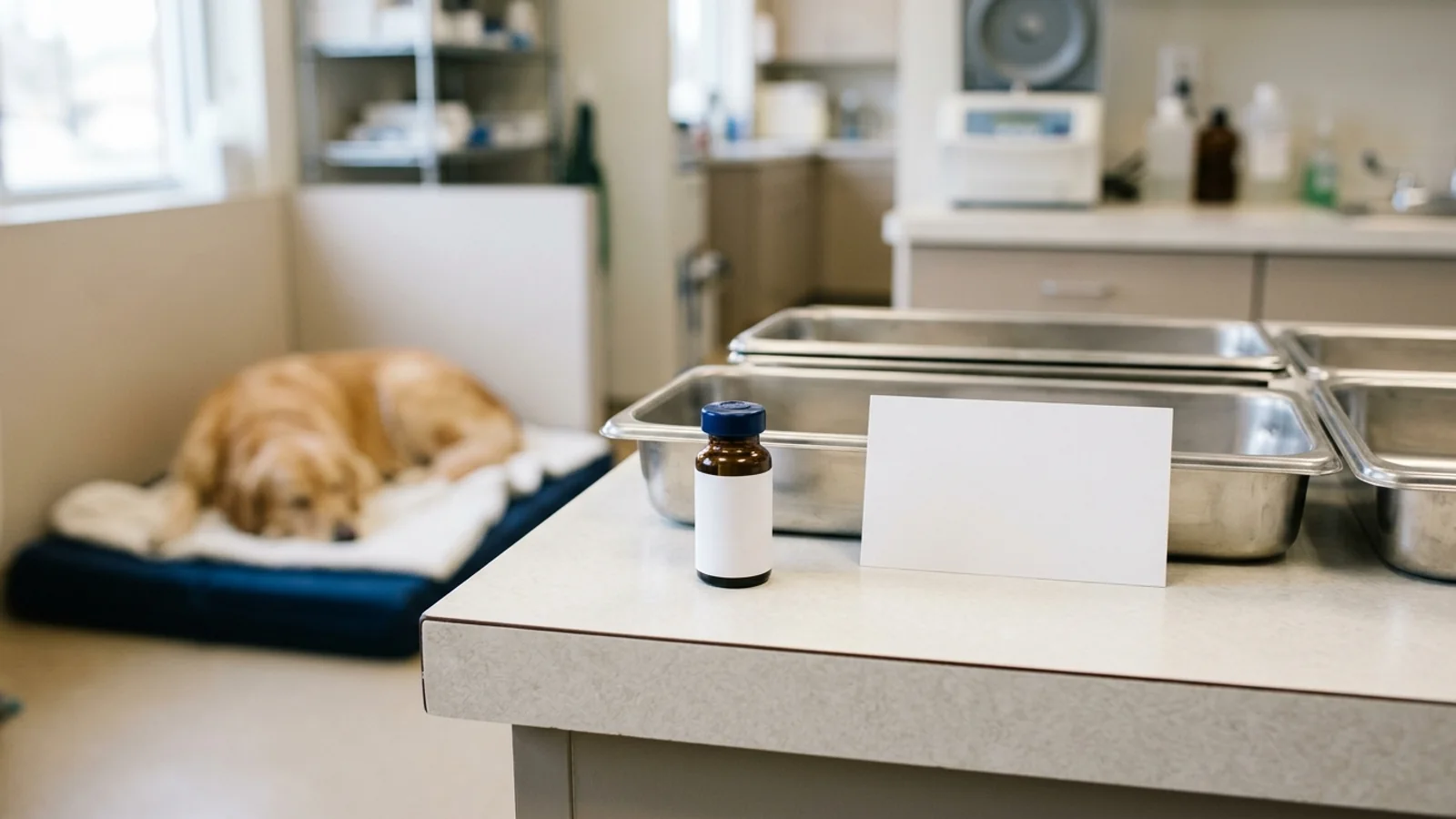 Calm veterinary-reference still life: a sleeping yellow Labrador on a clinic bed, one unlabeled amber vial, a blank identity card, and empty metal trays on a counter.