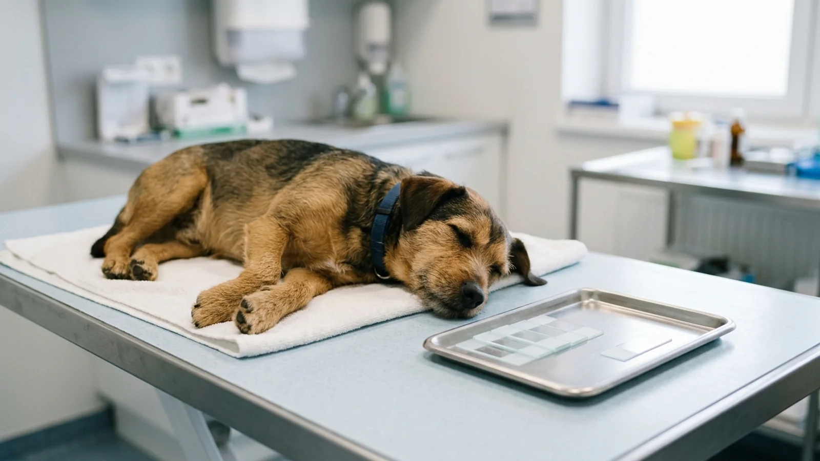 A relaxed dog resting on a veterinary examination table next to an unbranded tray of glass microscope slides prepared for cytology evaluation
