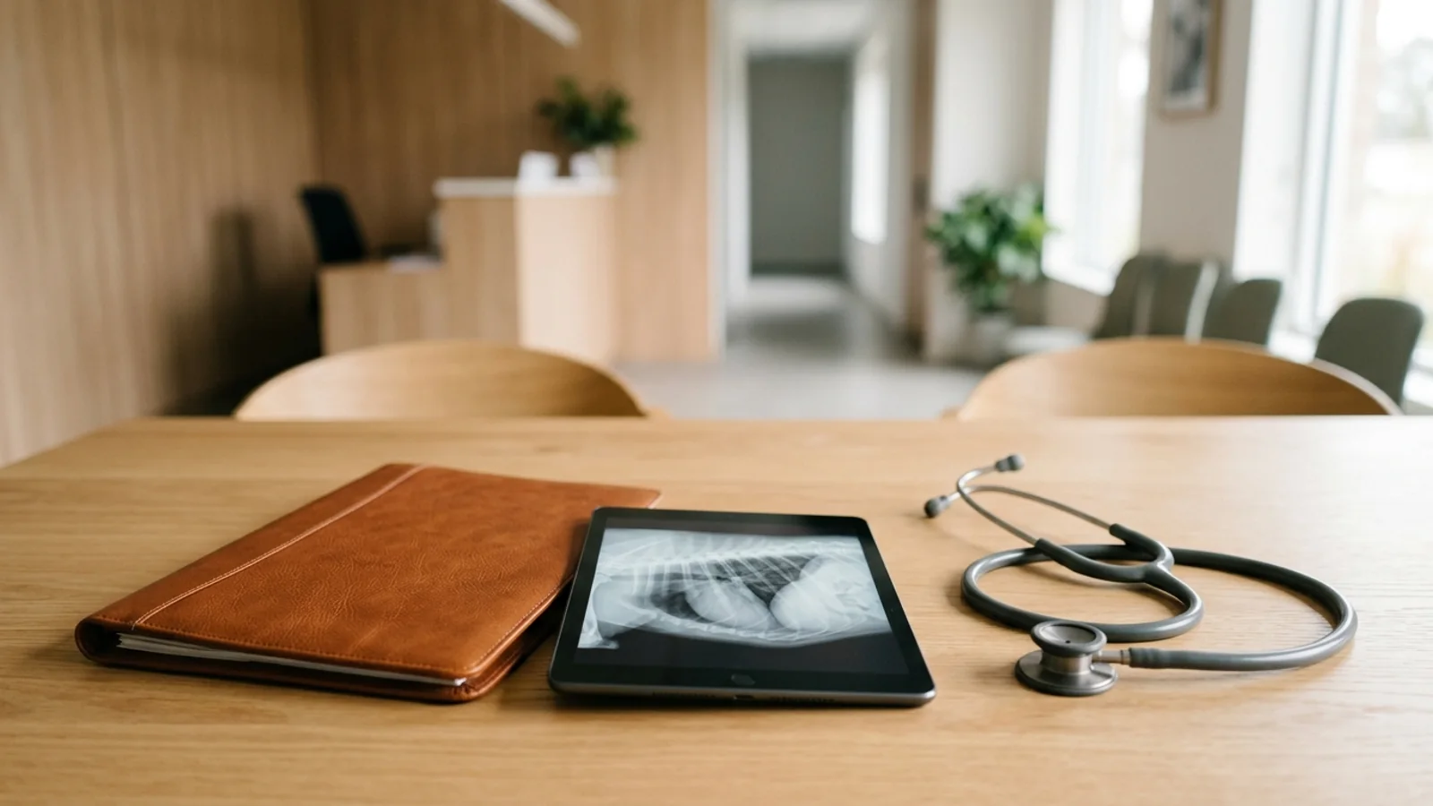 Clinic table with an unlabeled folder, a tablet showing one unlabeled thoracic radiograph, and a stethoscope