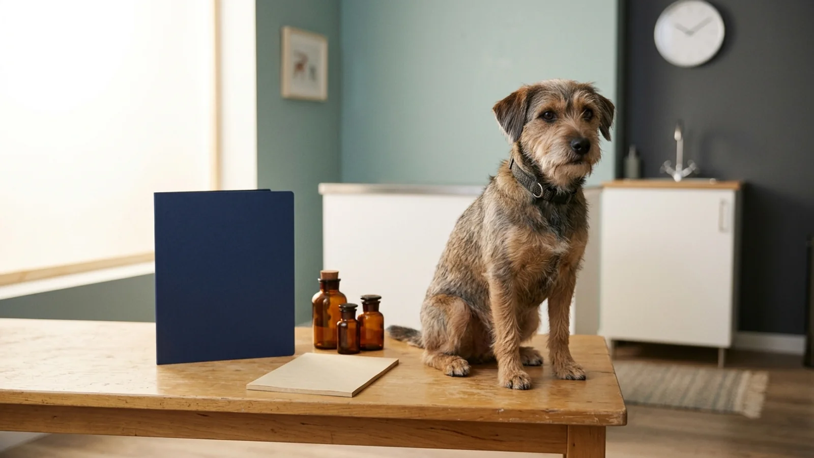 A calm mixed-breed dog seated on an exam-room bench beside a closed blue records folder, blank notepad, and amber medication bottles in a quiet veterinary clinic.