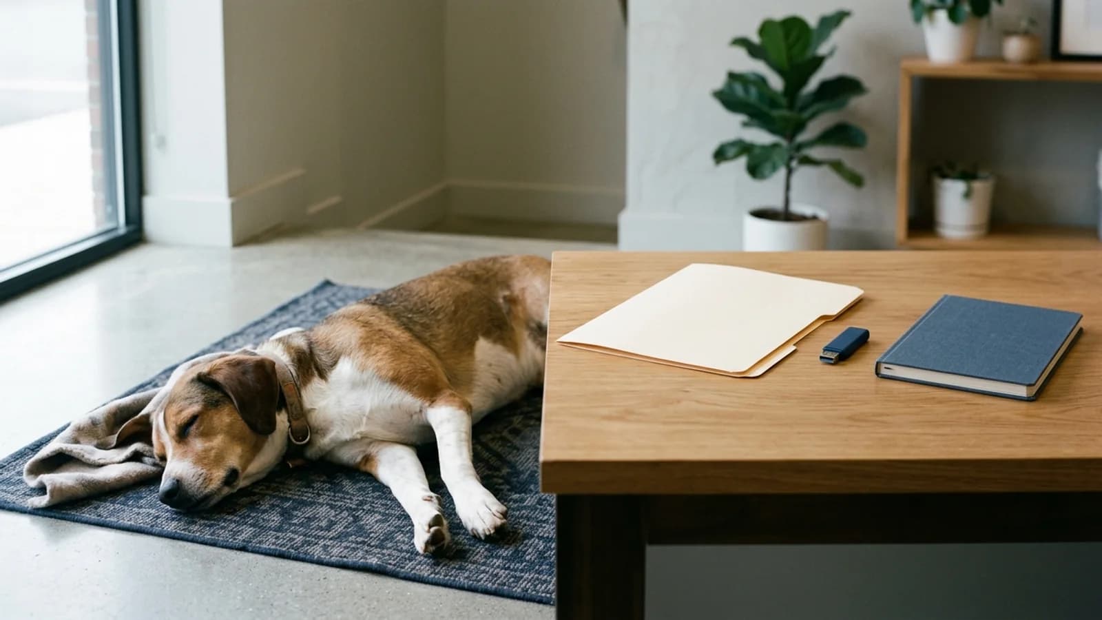 A calm mixed-breed dog resting on a clinic rug beside a desk holding an unmarked records folder and USB drive