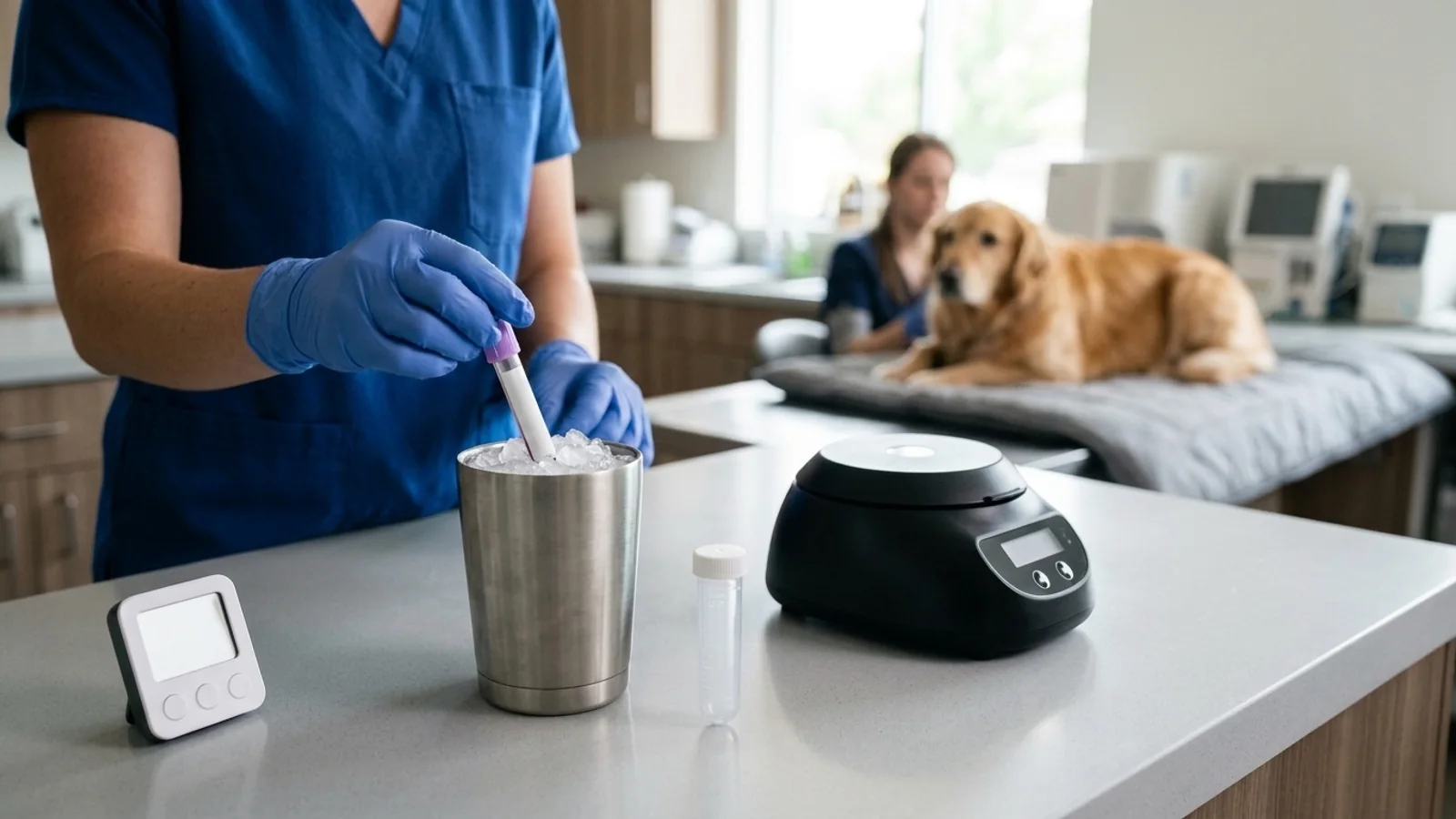 Gloved veterinary team member placing a lavender-top blood tube into a cup of crushed ice beside an empty capped tube, a small centrifuge and a timer, with a calm dog resting in the background