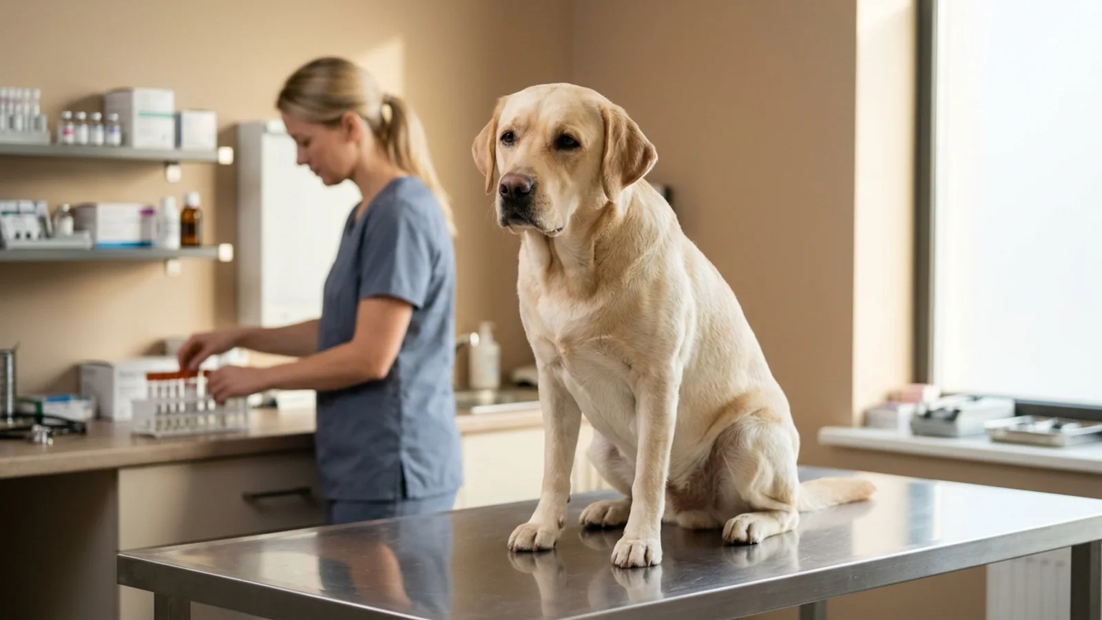 A calm adult yellow Labrador retriever sitting quietly on an examination table in a modern veterinary clinic while a clinician prepares diagnostic supplies in the background.