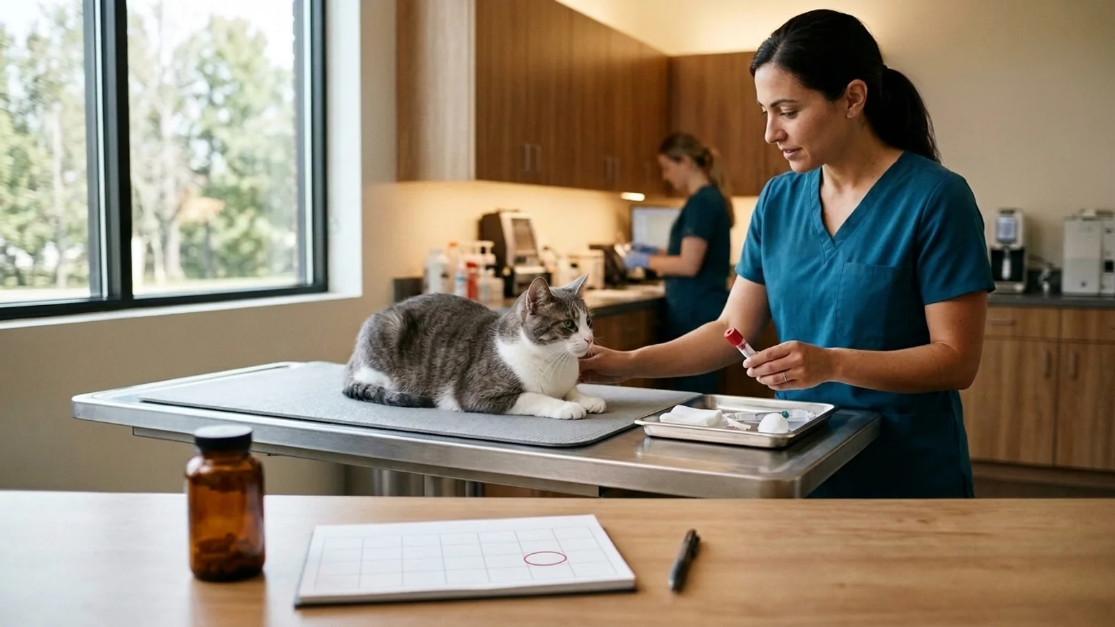 Cat resting on an exam table beside a veterinary team member holding a capped sample tube, with a blank calendar in the foreground.