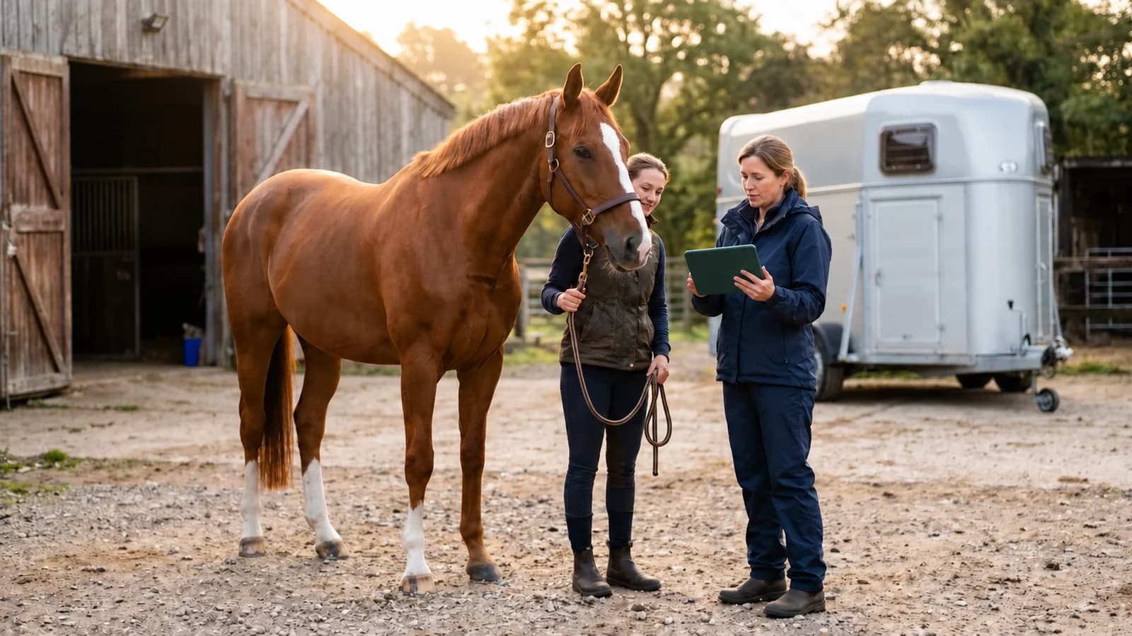 A veterinarian checks a tablet while a handler stands with a chestnut horse beside a transport trailer.