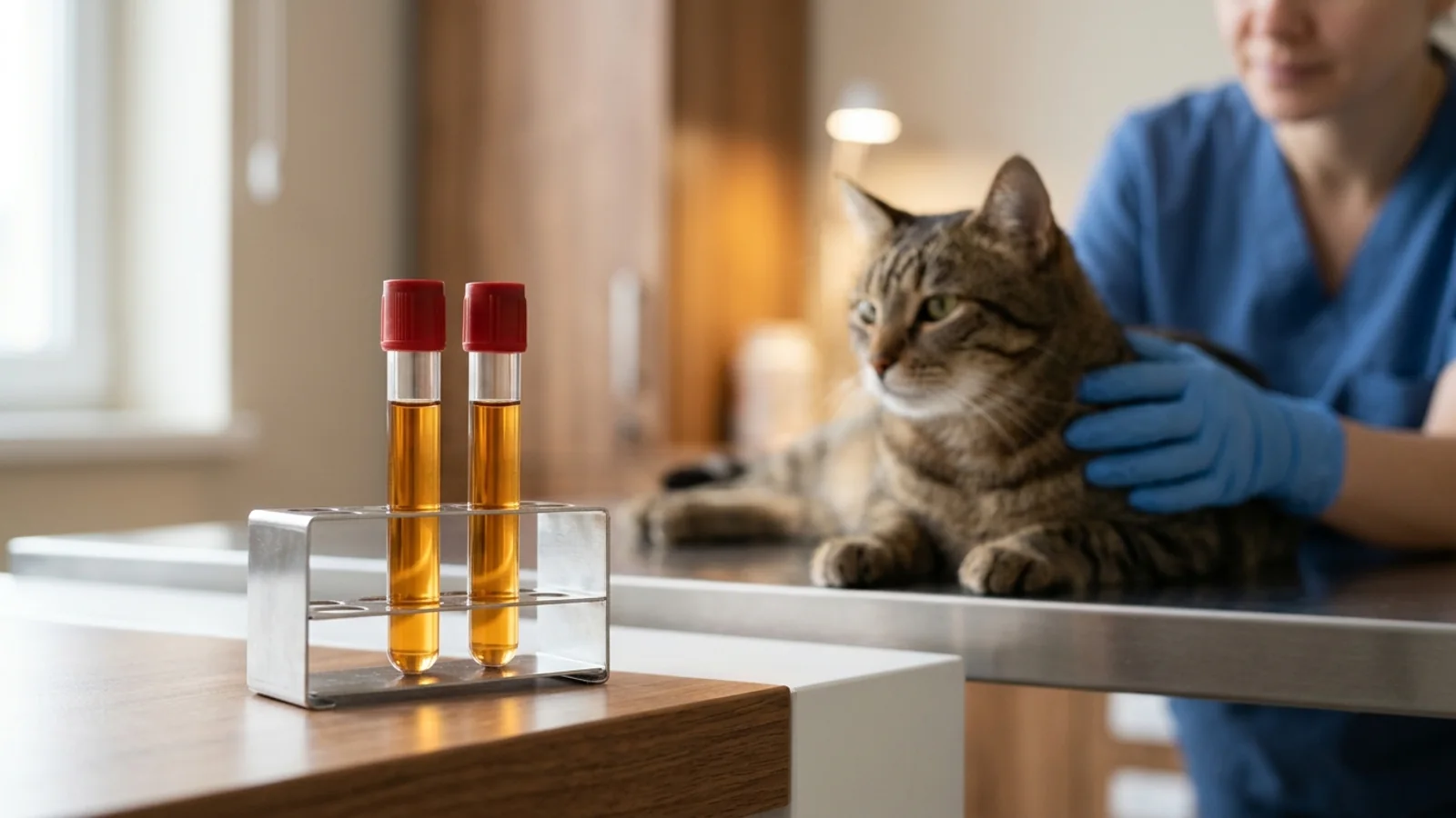 Two capped, unlabelled tubes of amber liquid beside a calm tabby cat on a veterinary exam table, with a clinician's gloved hand resting on the cat.