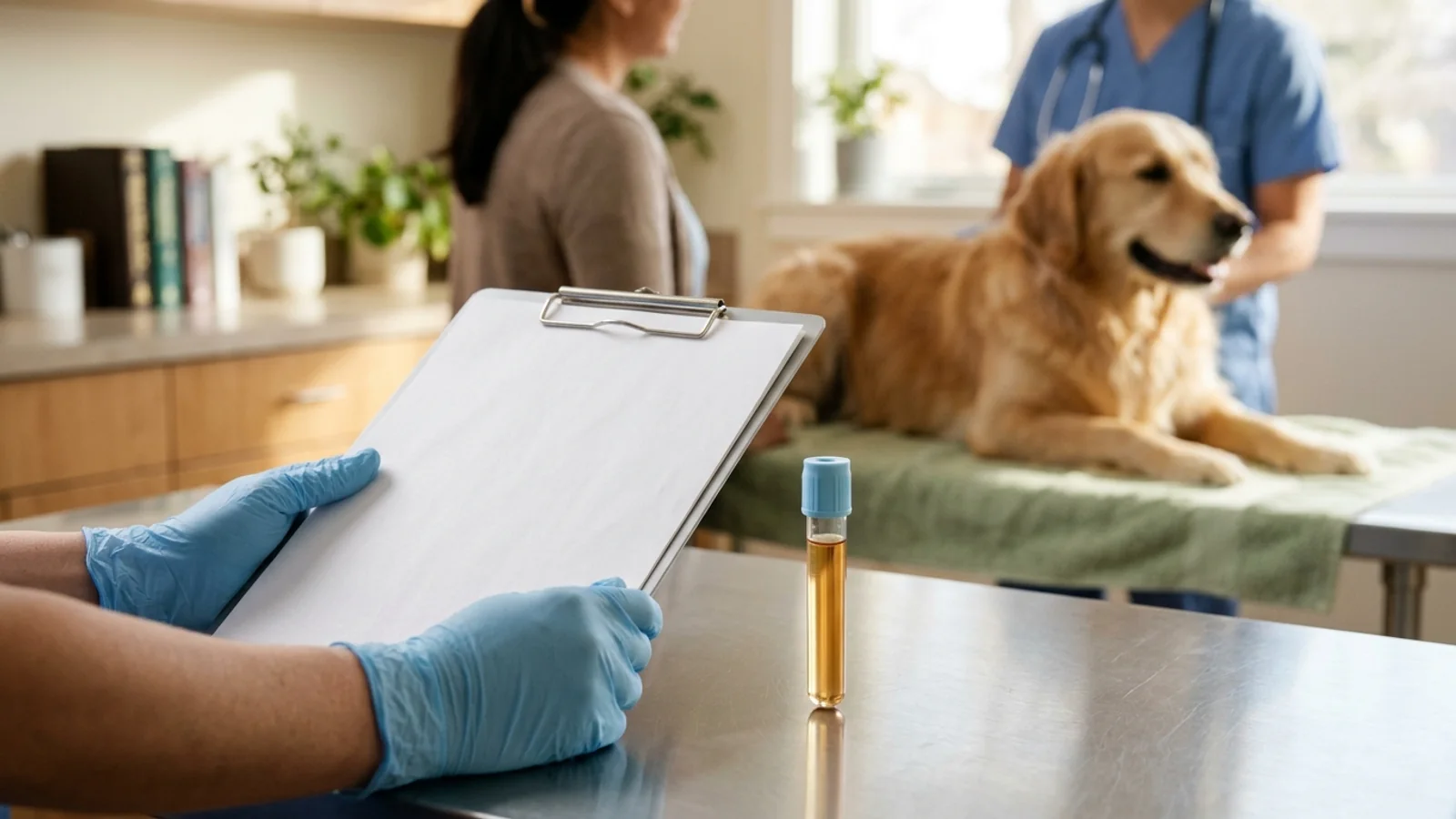 Gloved hands hold a blank clipboard beside a sealed specimen tube, with a calm golden retriever and clinic staff in the background.