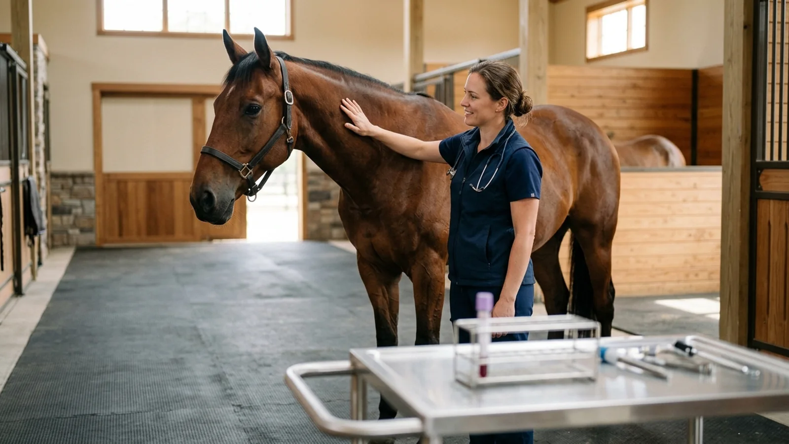 A bay horse stands beside a veterinary professional in a stable aisle, with a capped purple-top sample tube on a cart.