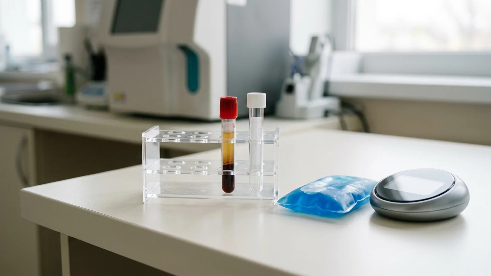 Clinic laboratory bench with a clotted red-top blood tube and a capped empty transfer tube in a clear rack, a blue cold pack and a small timer, with a benchtop analyzer out of focus