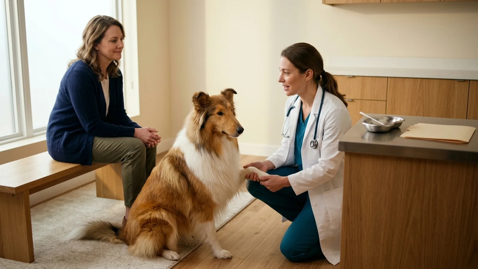 A calm rough collie sits on an exam-room floor offering a paw to a kneeling veterinarian while the owner watches from a bench; a steel kidney dish and a manila chart folder rest on the counter
