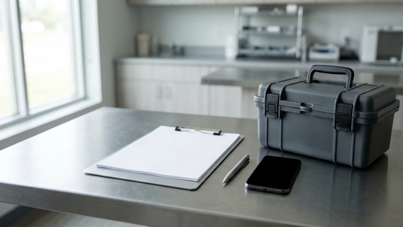 Blank clipboard, pen, smartphone, and closed transport case on a clean veterinary laboratory counter.