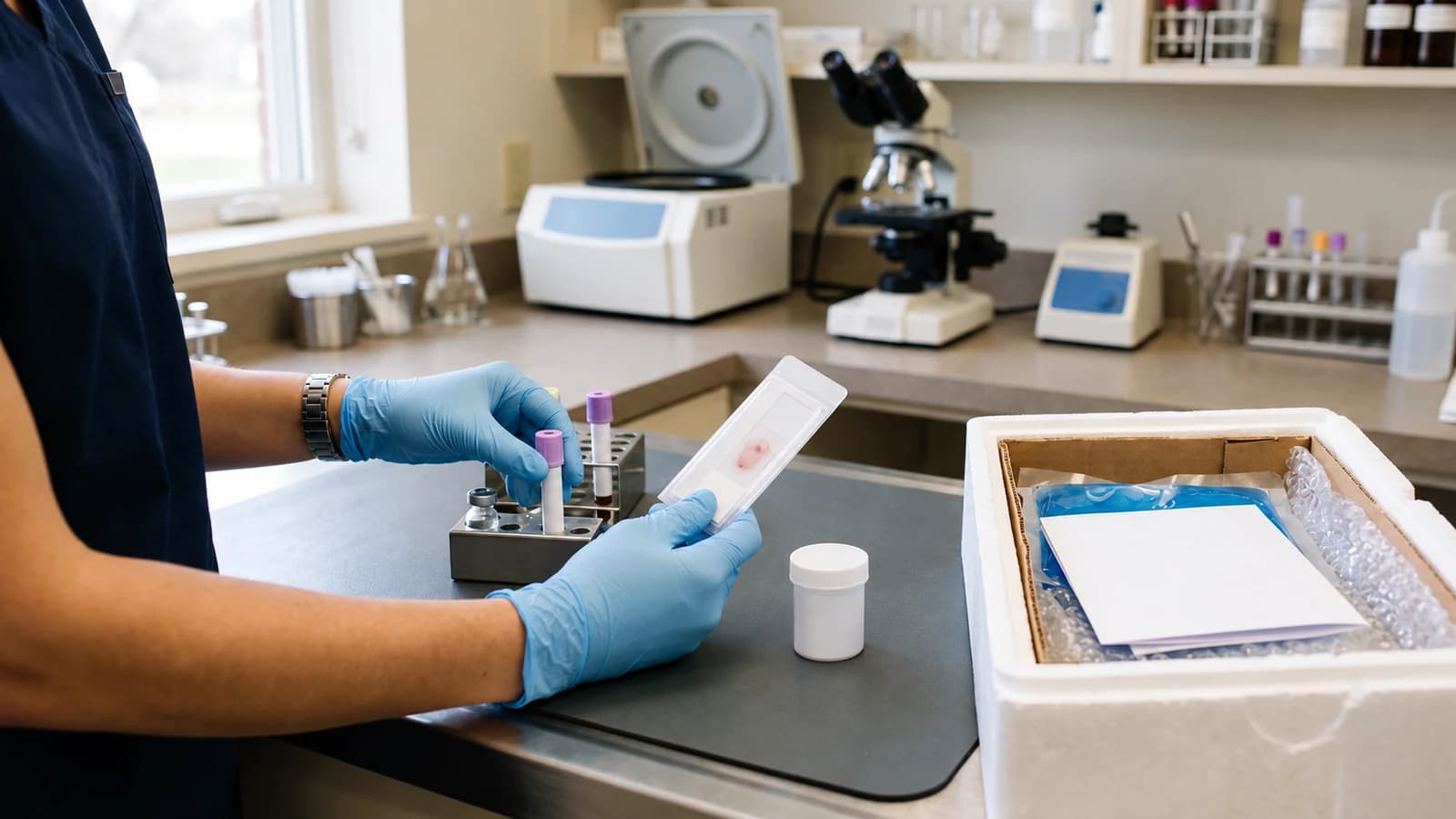 Gloved veterinary team member holding a cytology slide mailer beside purple-cap specimen tubes and an insulated shipping box with a cold pack