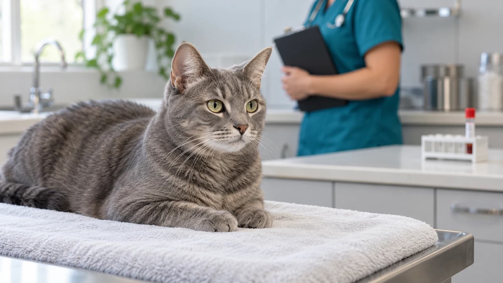 A gray cat rests on a towel-covered examination table; a clinician holds a closed clipboard, with a capped red-top sample tube on the counter behind them.