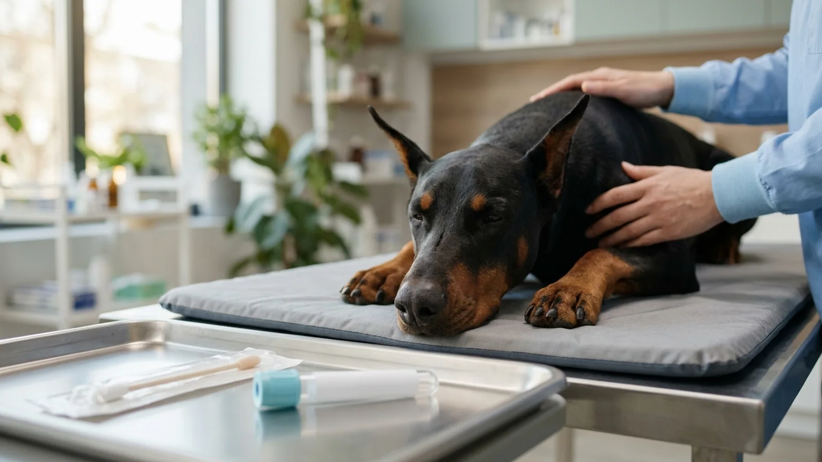 Adult Doberman Pinscher resting calmly on an exam table beside veterinary diagnostic collection materials including a sterile cheek swab and citrate blood tube